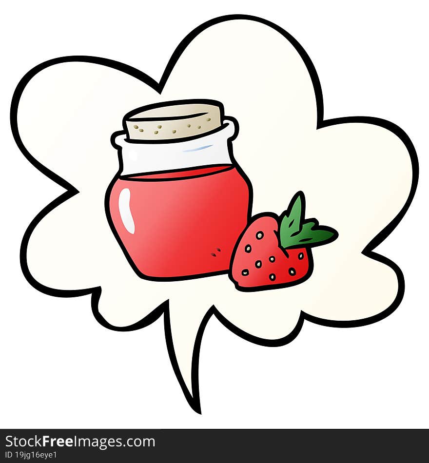 cartoon jar of strawberry jam and speech bubble in smooth gradient style