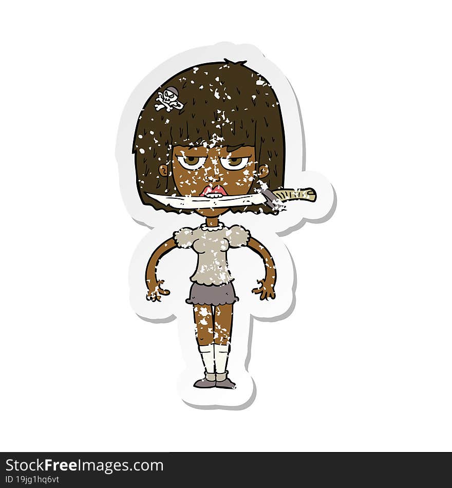 Retro Distressed Sticker Of A Cartoon Woman With Knife Between Teeth