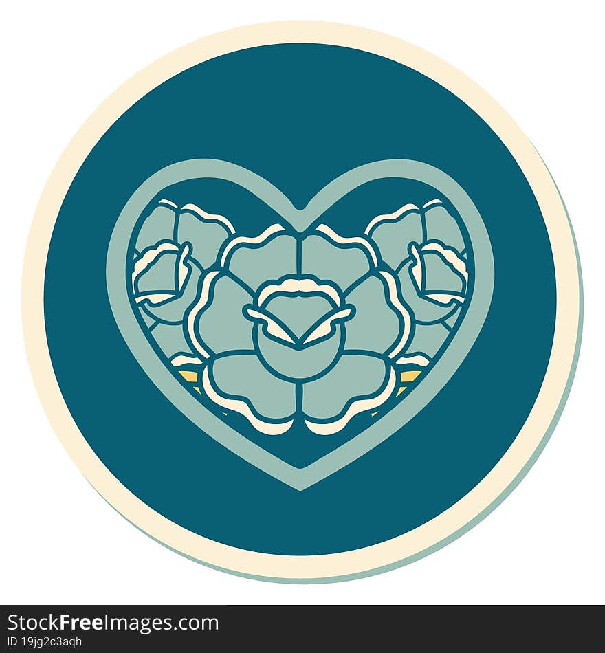 sticker of tattoo in traditional style of a heart and flowers. sticker of tattoo in traditional style of a heart and flowers