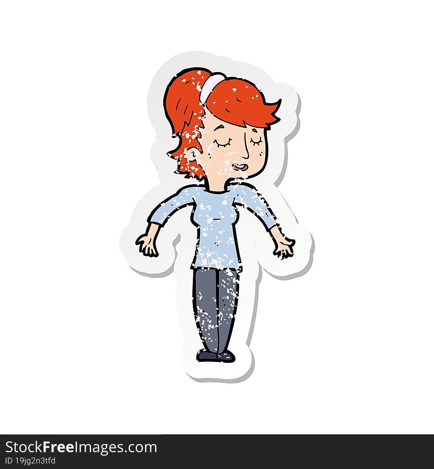 retro distressed sticker of a cartoon friendly woman shrugging shoulders