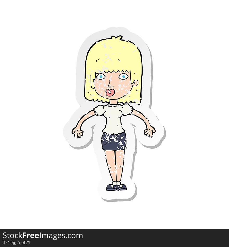 Retro Distressed Sticker Of A Cartoon Woman Shrugging Shoulders