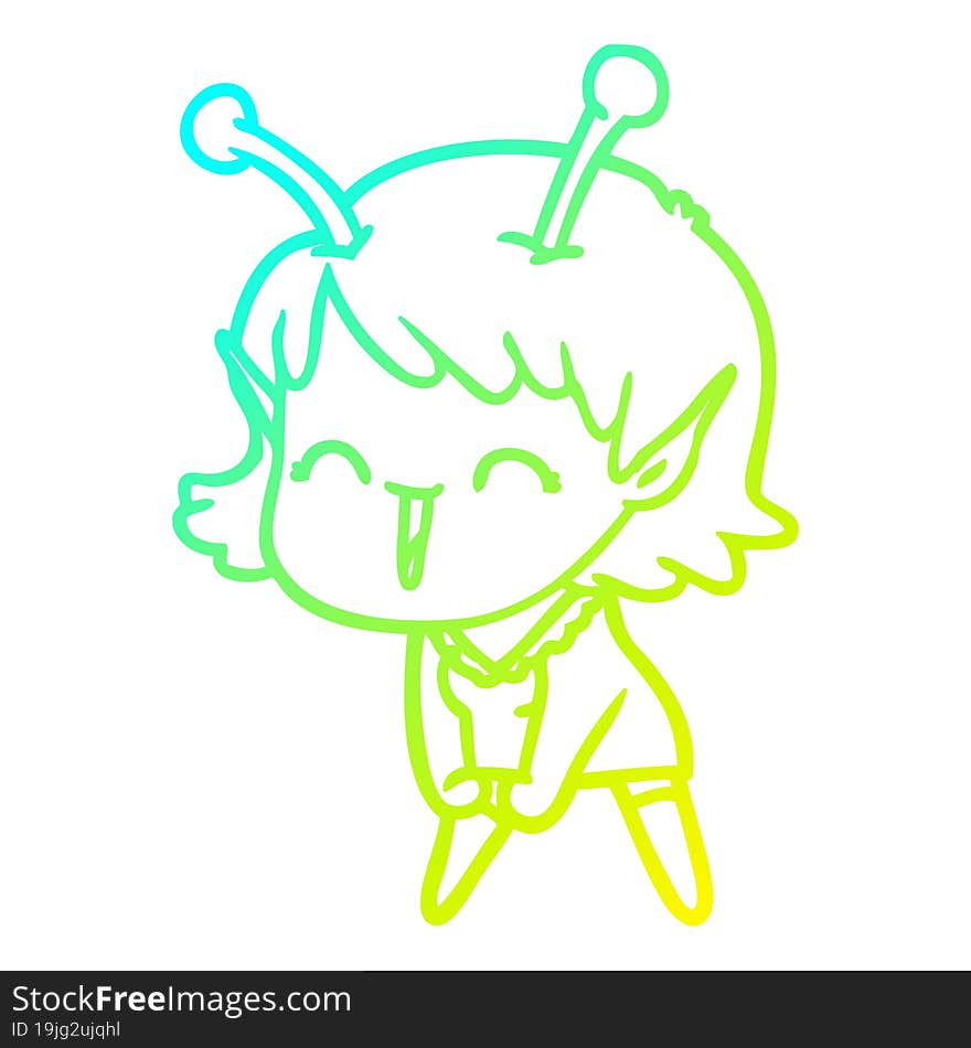 cold gradient line drawing of a cartoon alien girl laughing