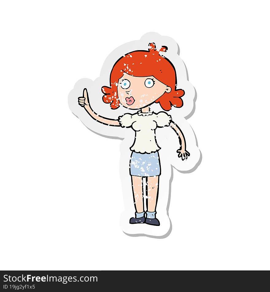 retro distressed sticker of a cartoon woman with idea