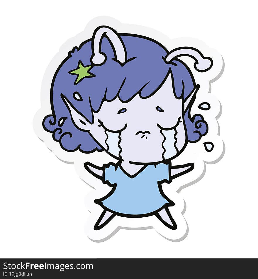 sticker of a cartoon crying alien girl