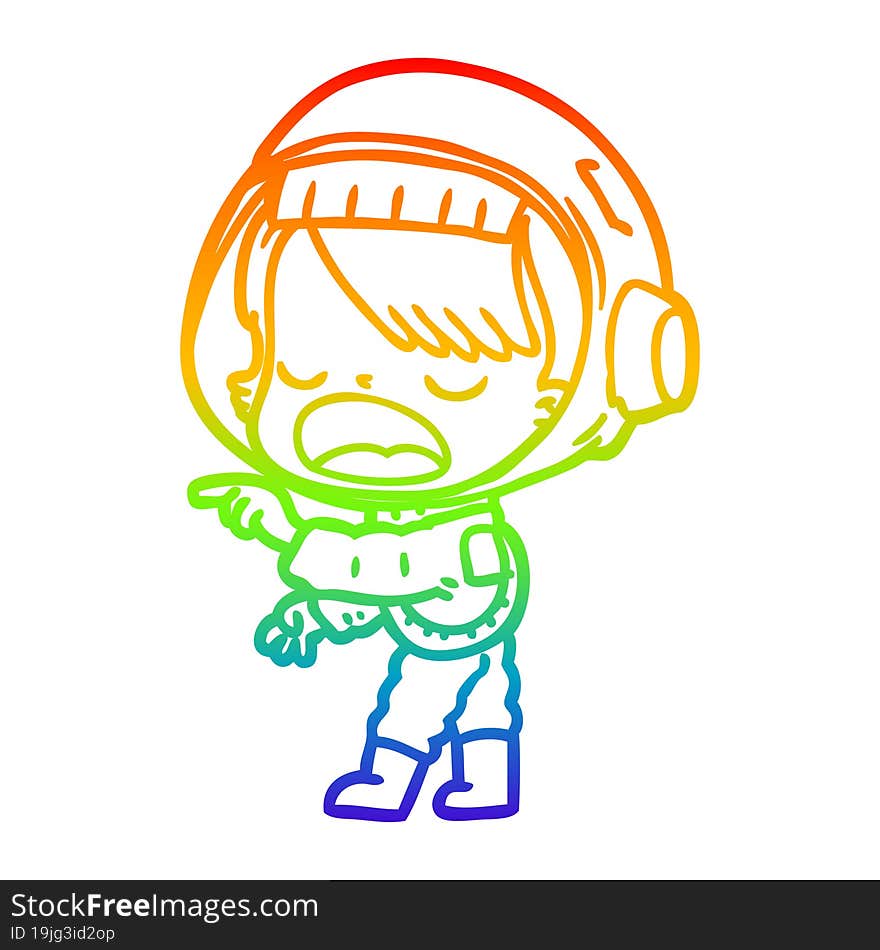 rainbow gradient line drawing cartoon astronaut woman pointing and talking