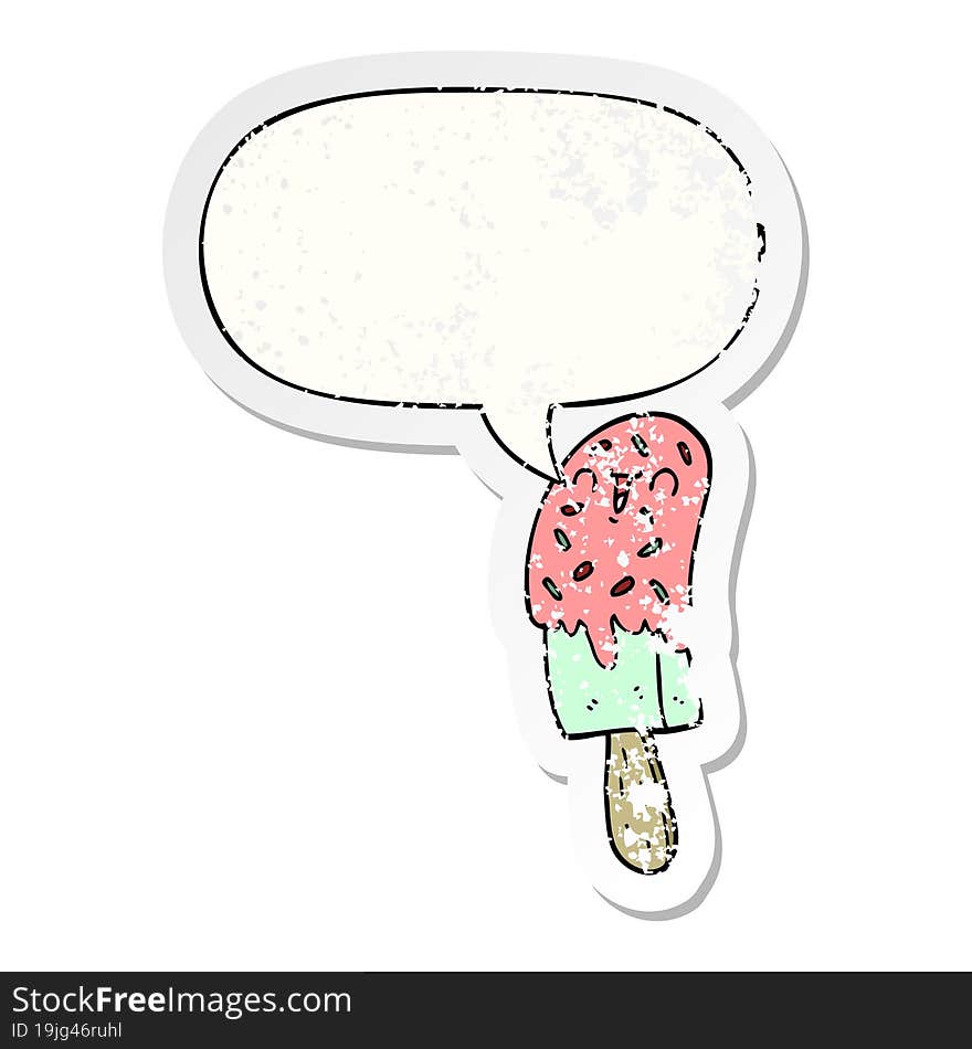 cartoon ice lolly and speech bubble distressed sticker