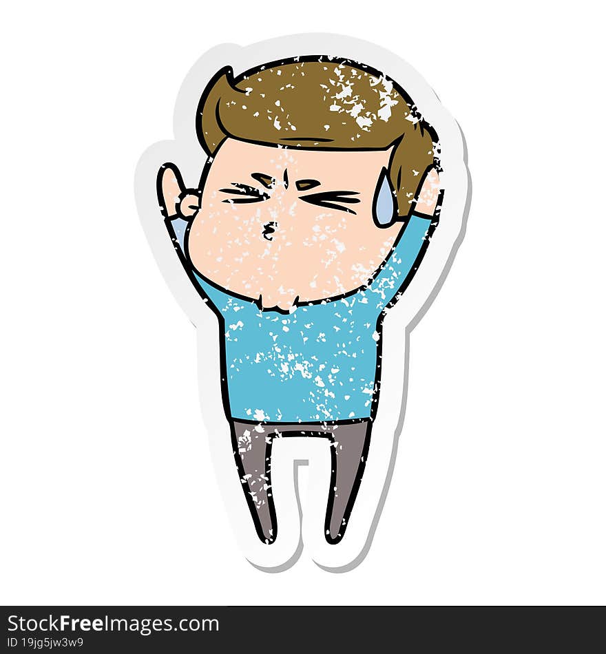 distressed sticker of a cartoon man sweating