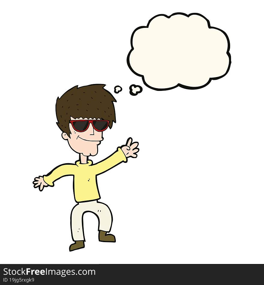 cartoon waving cool guy with thought bubble