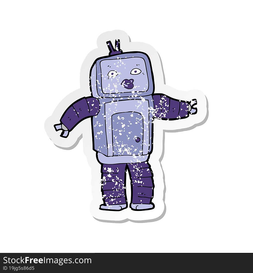 retro distressed sticker of a funny cartoon robot