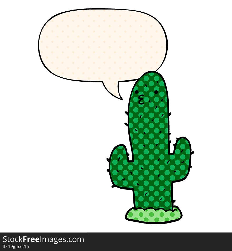 cartoon cactus and speech bubble in comic book style