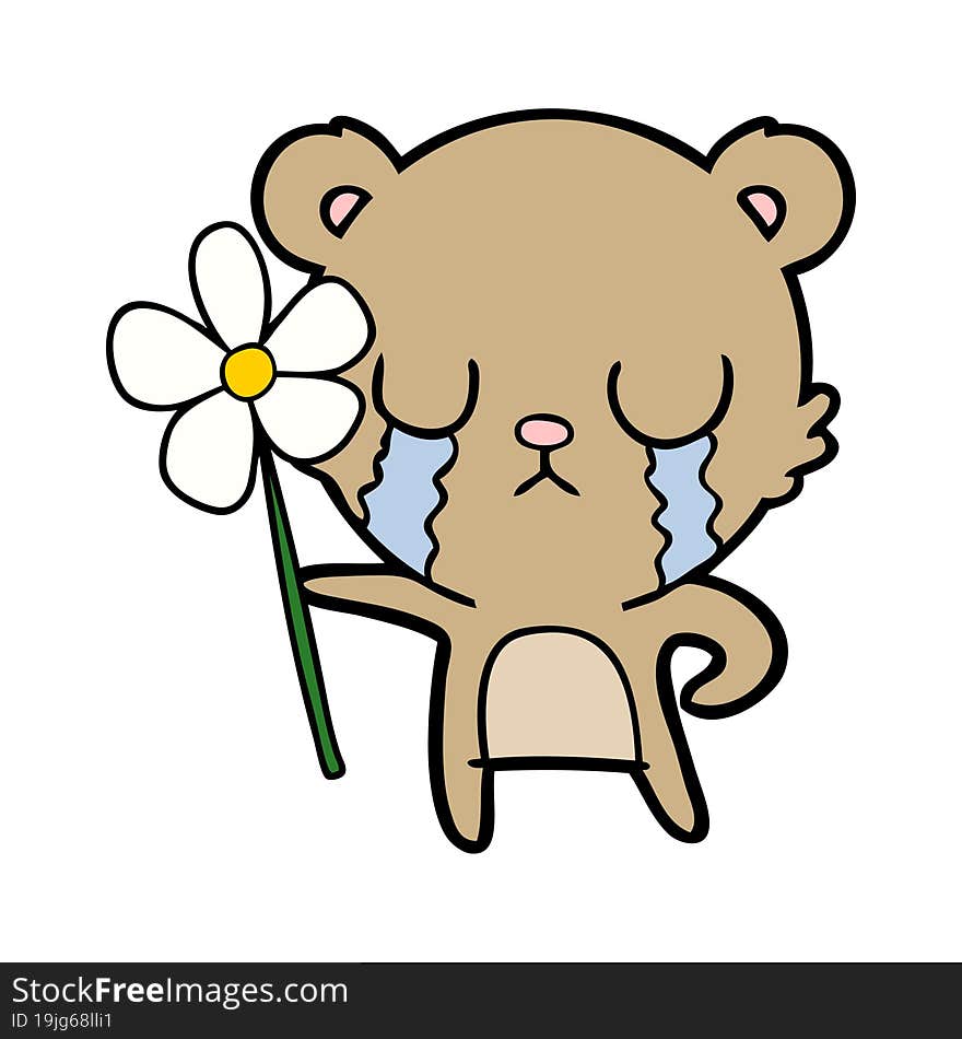 crying cartoon bear with flower. crying cartoon bear with flower