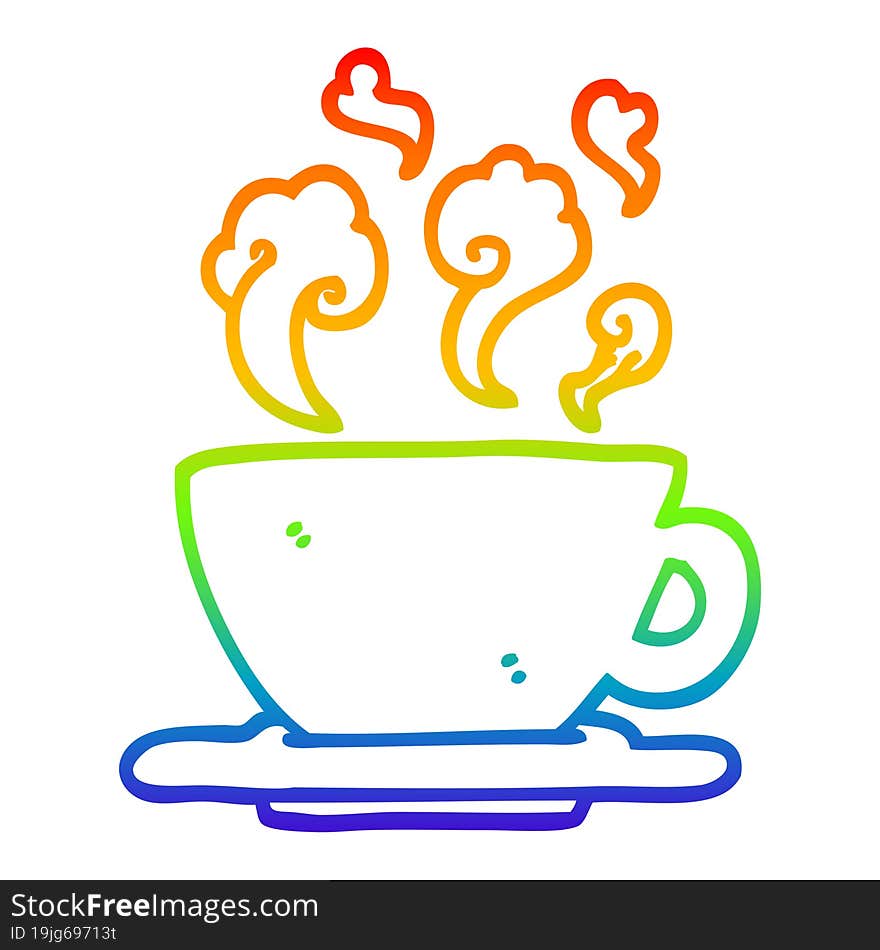 rainbow gradient line drawing cartoon cup of hot coffee