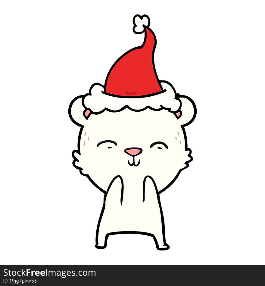 happy line drawing of a polar bear wearing santa hat