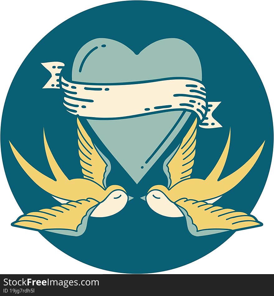 tattoo style icon of a swallows and a heart with banner