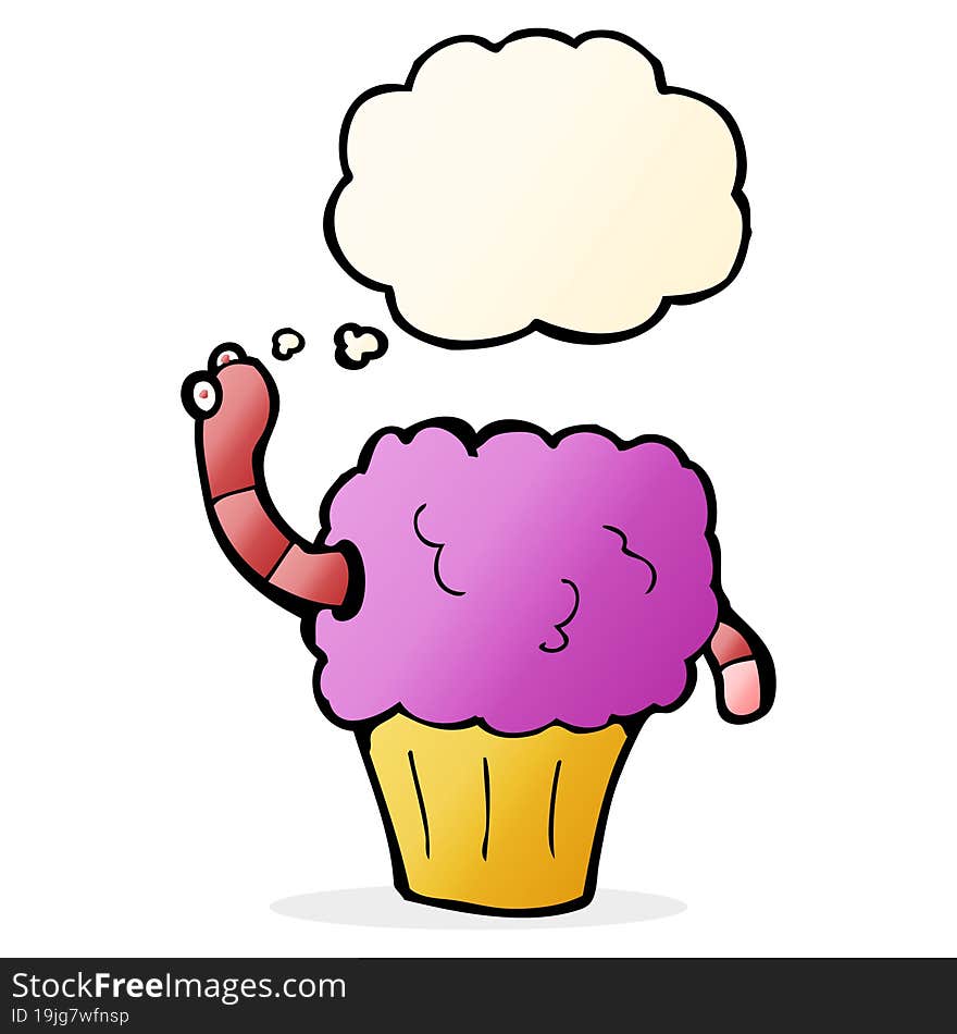 cartoon worm in cupcake with thought bubble