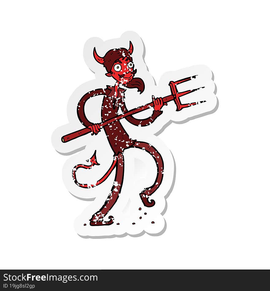 Retro Distressed Sticker Of A Cartoon Devil With Pitchfork