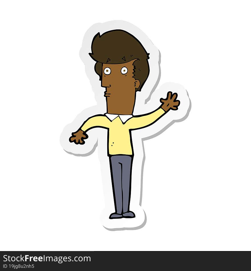 sticker of a cartoon nervous man waving