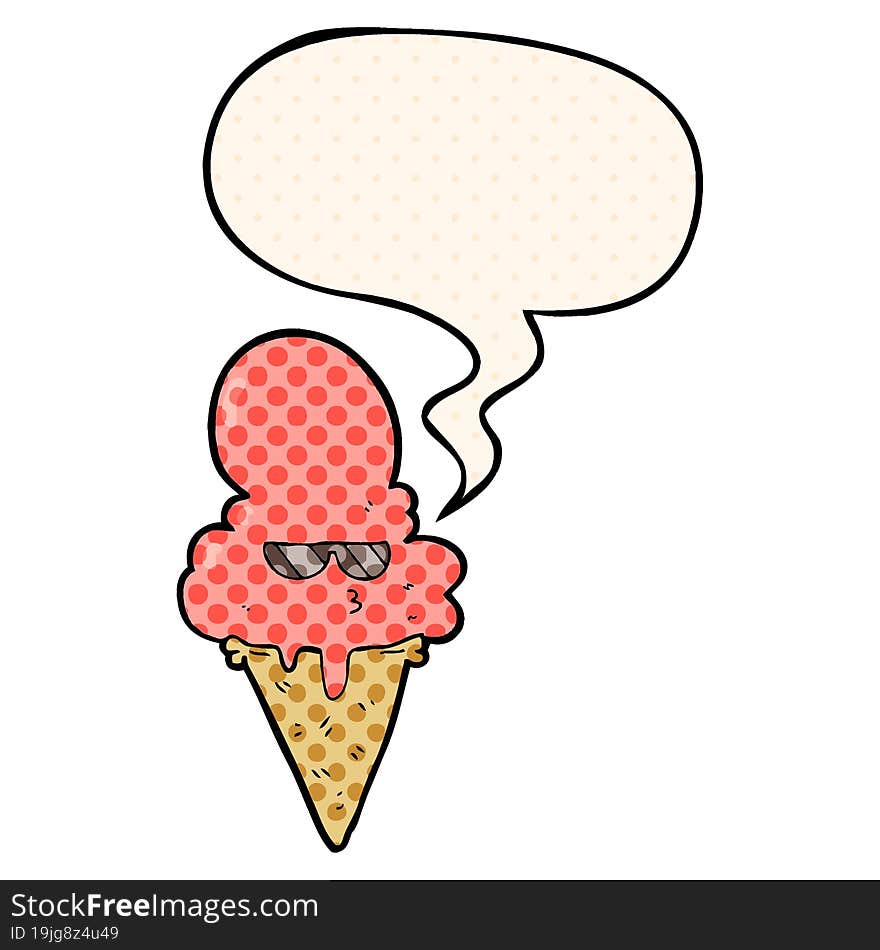 cartoon cool ice cream and speech bubble in comic book style