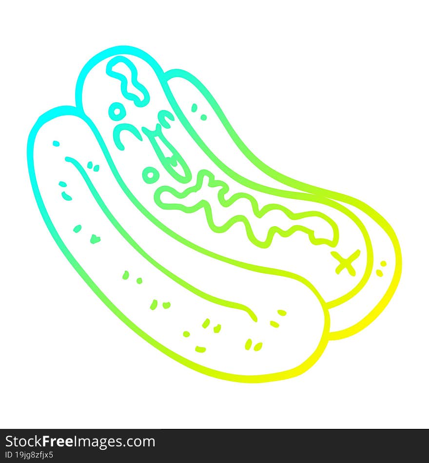 cold gradient line drawing cartoon hotdog in bun with ketchup