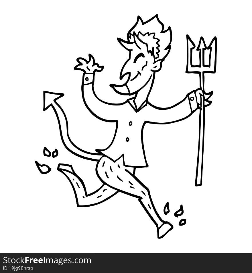 line drawing cartoon devil with pitchfork