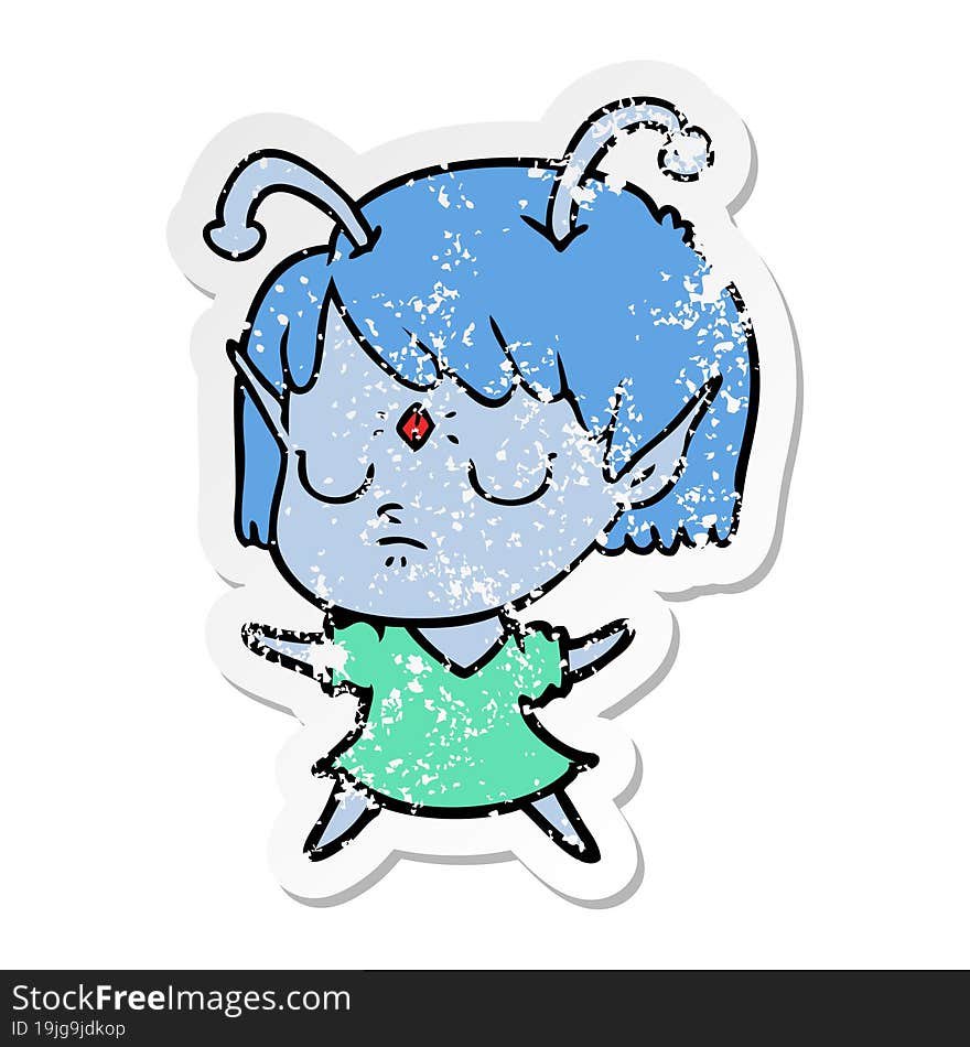 distressed sticker of a cartoon alien girl