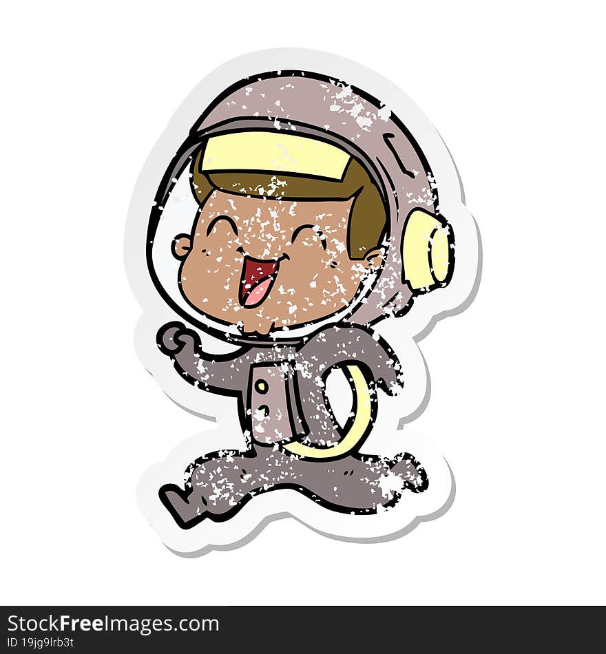 distressed sticker of a happy cartoon astronaut