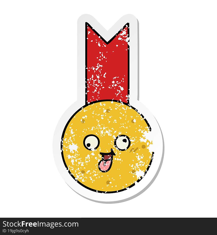 distressed sticker of a cute cartoon gold medal