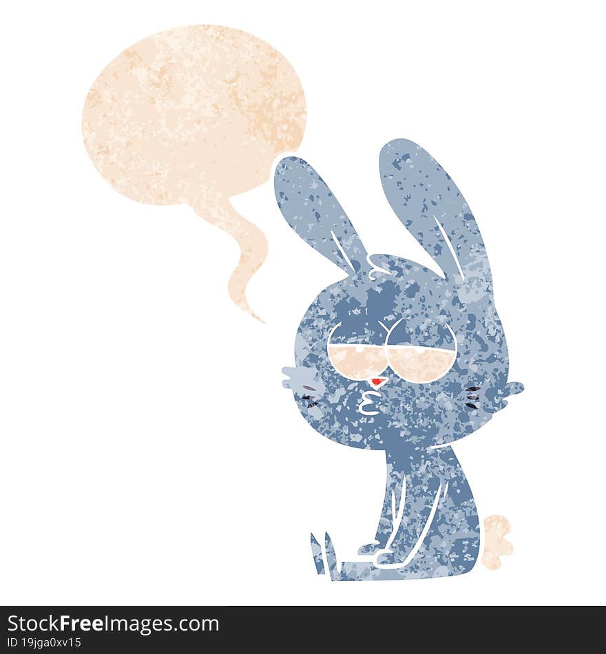 cute cartoon rabbit with speech bubble in grunge distressed retro textured style. cute cartoon rabbit with speech bubble in grunge distressed retro textured style