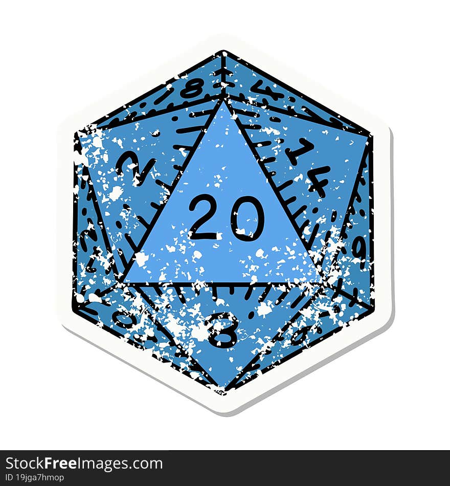 grunge sticker of a natural 20 D20 dice roll. grunge sticker of a natural 20 D20 dice roll