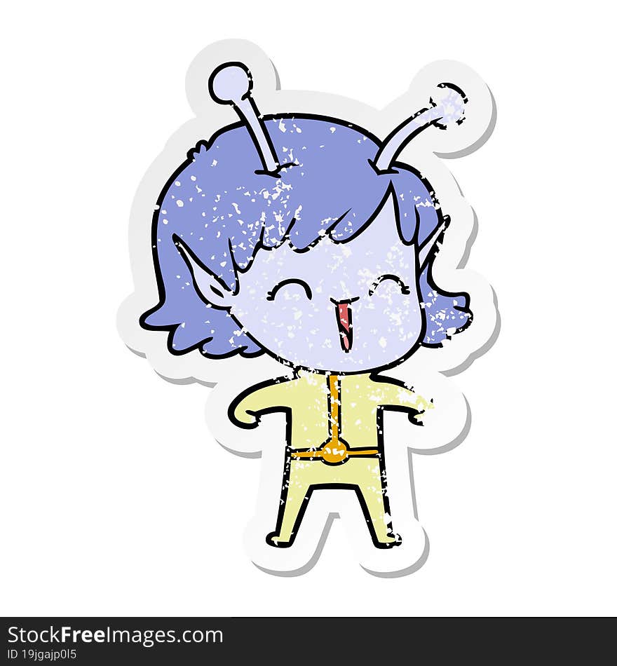 distressed sticker of a cartoon alien girl laughing