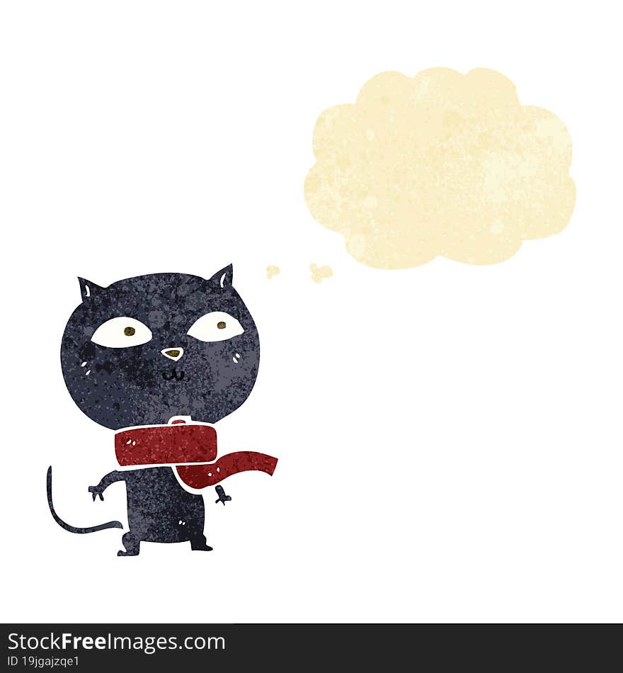 cartoon black cat wearing scarf with thought bubble