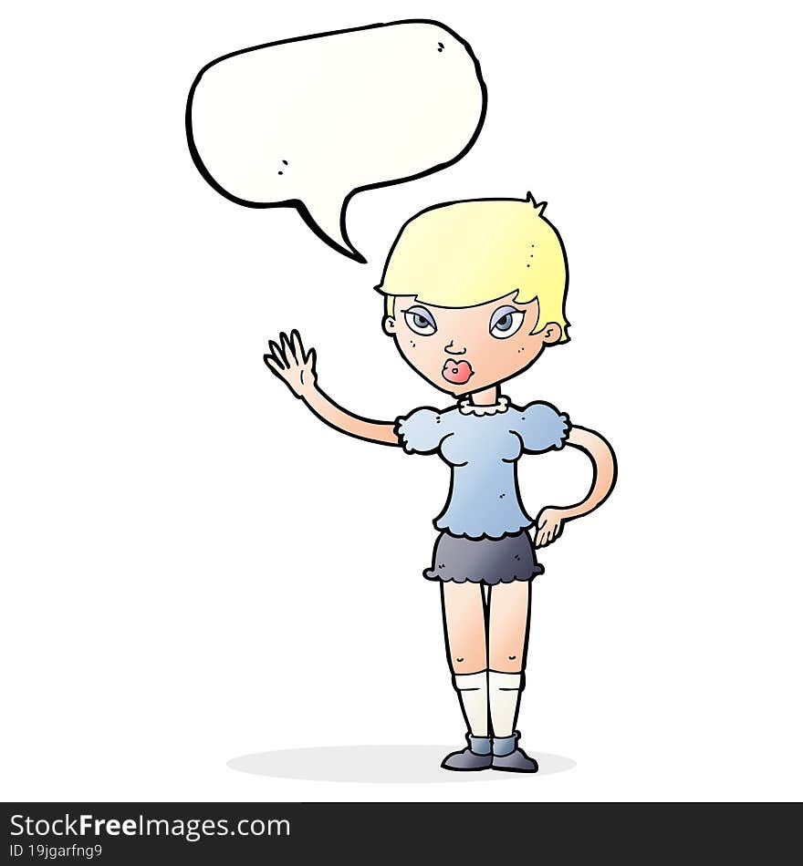 cartoon woman waving with speech bubble