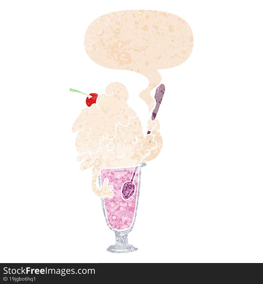 Cartoon Ice Cream Soda Girl And Speech Bubble In Retro Textured Style