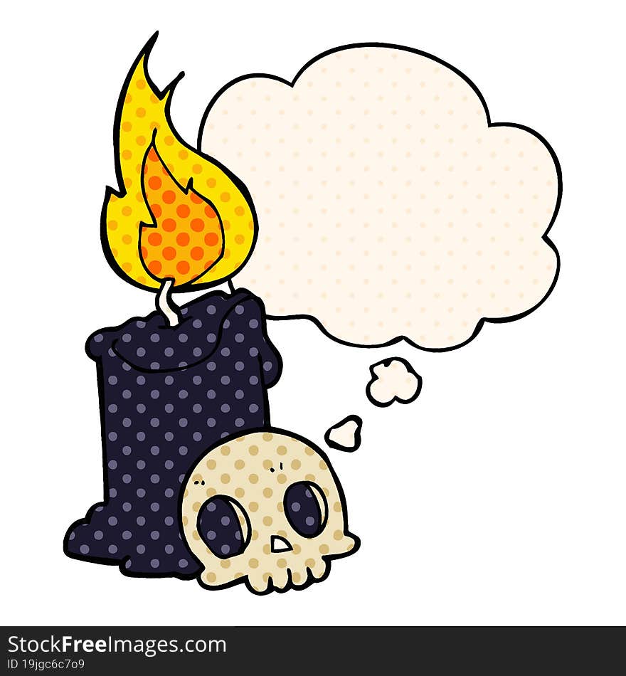 cartoon skull and candle with thought bubble in comic book style