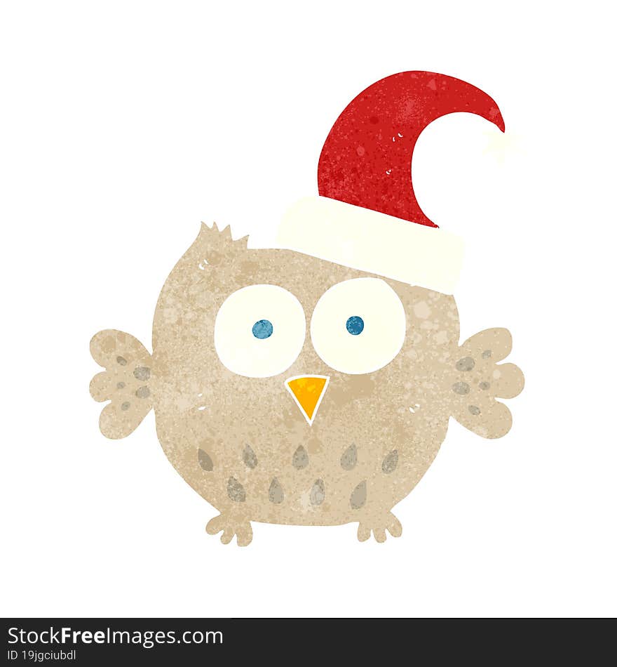 retro cartoon little owl wearing christmas hat