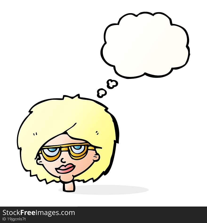 cartoon woman wearing spectacles with thought bubble