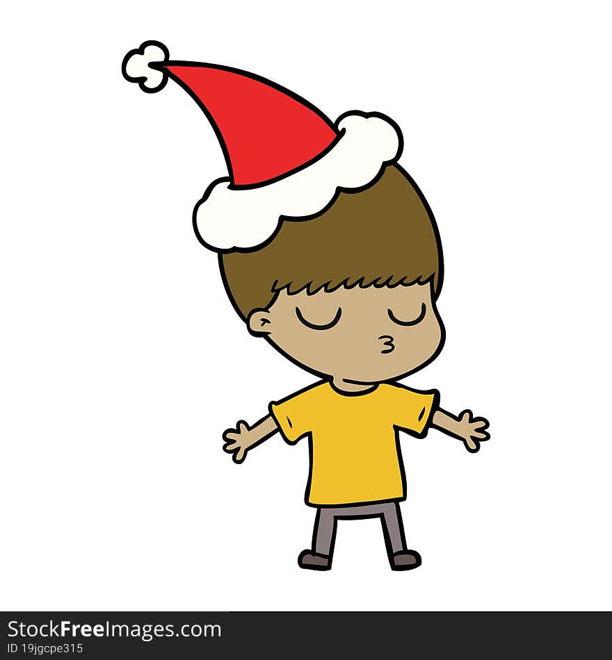 line drawing of a calm boy wearing santa hat