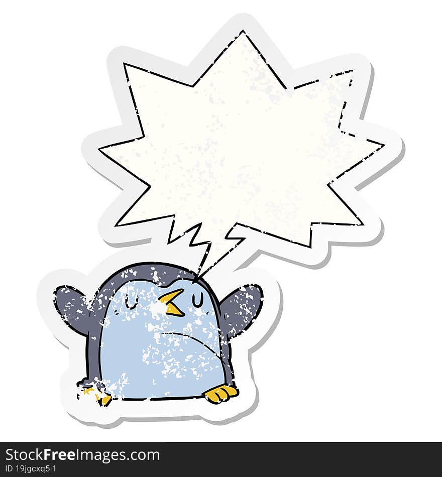 cartoon penguin and speech bubble distressed sticker