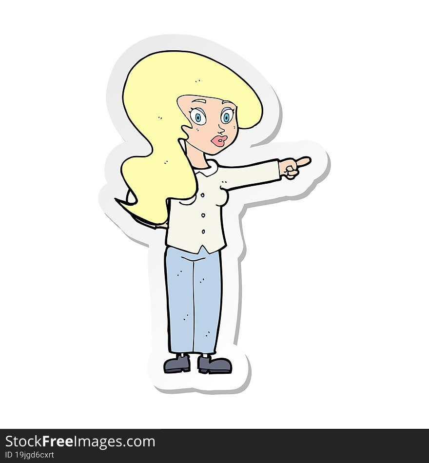 sticker of a cartoon pretty woman pointing