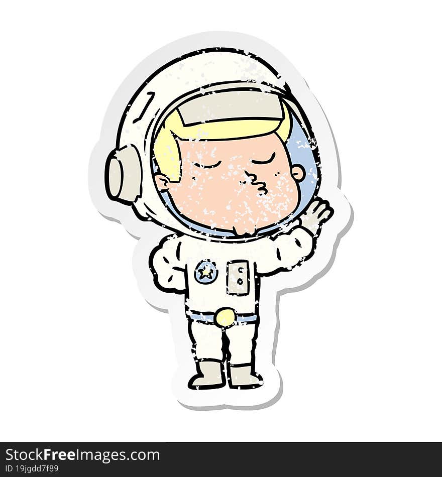 distressed sticker of a cartoon confident astronaut