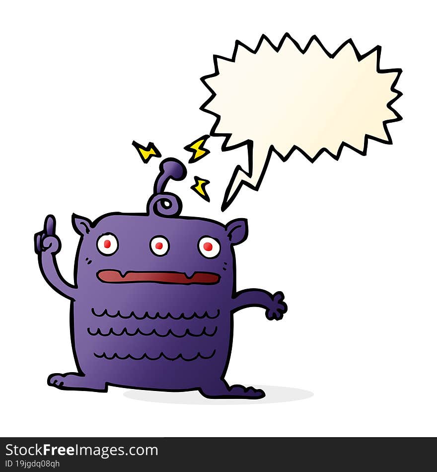 cartoon weird little alien with speech bubble