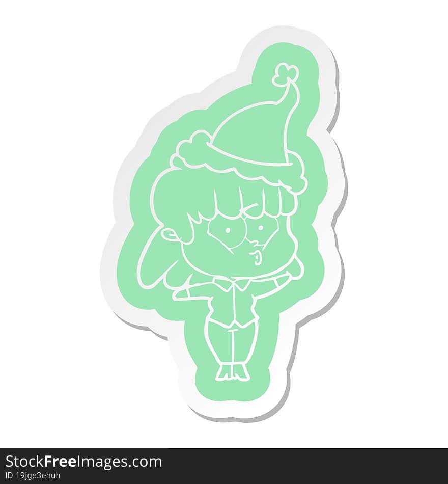 cartoon  sticker of a whistling girl wearing santa hat