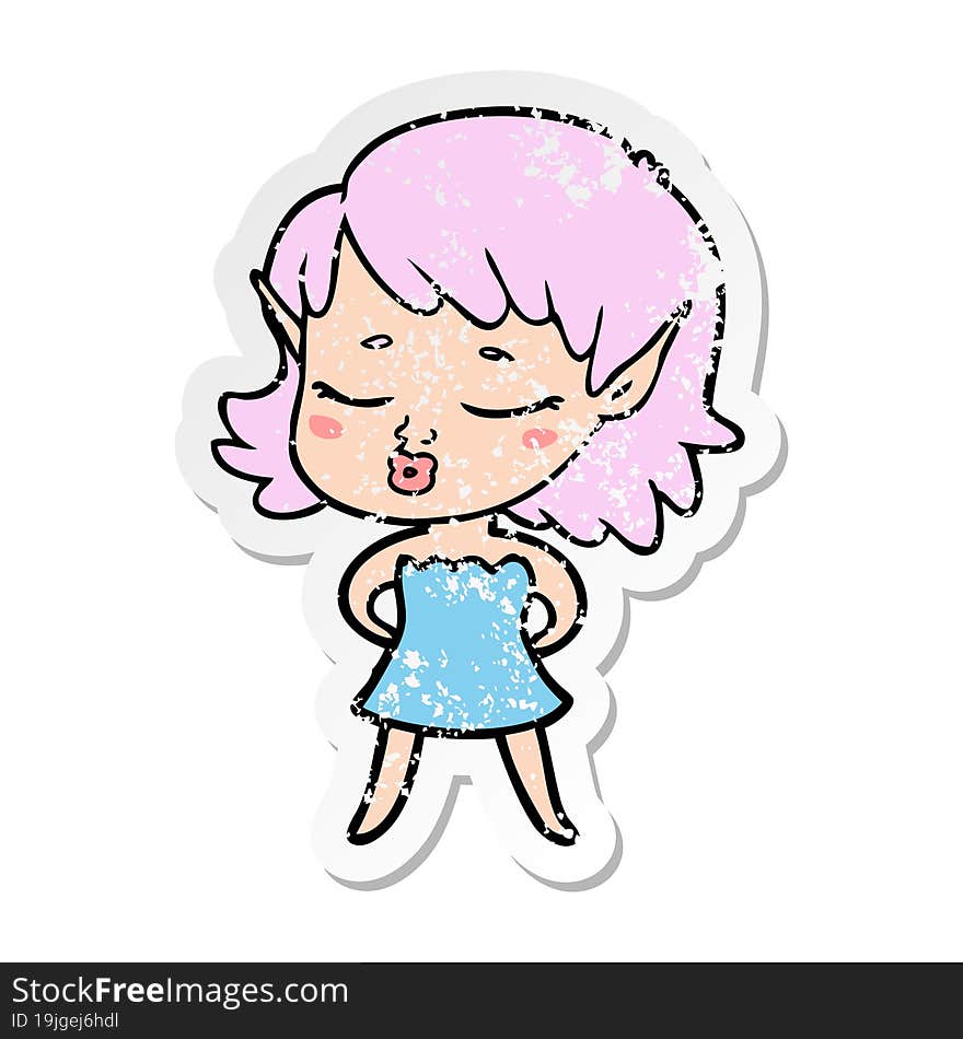 distressed sticker of a pretty cartoon elf girl