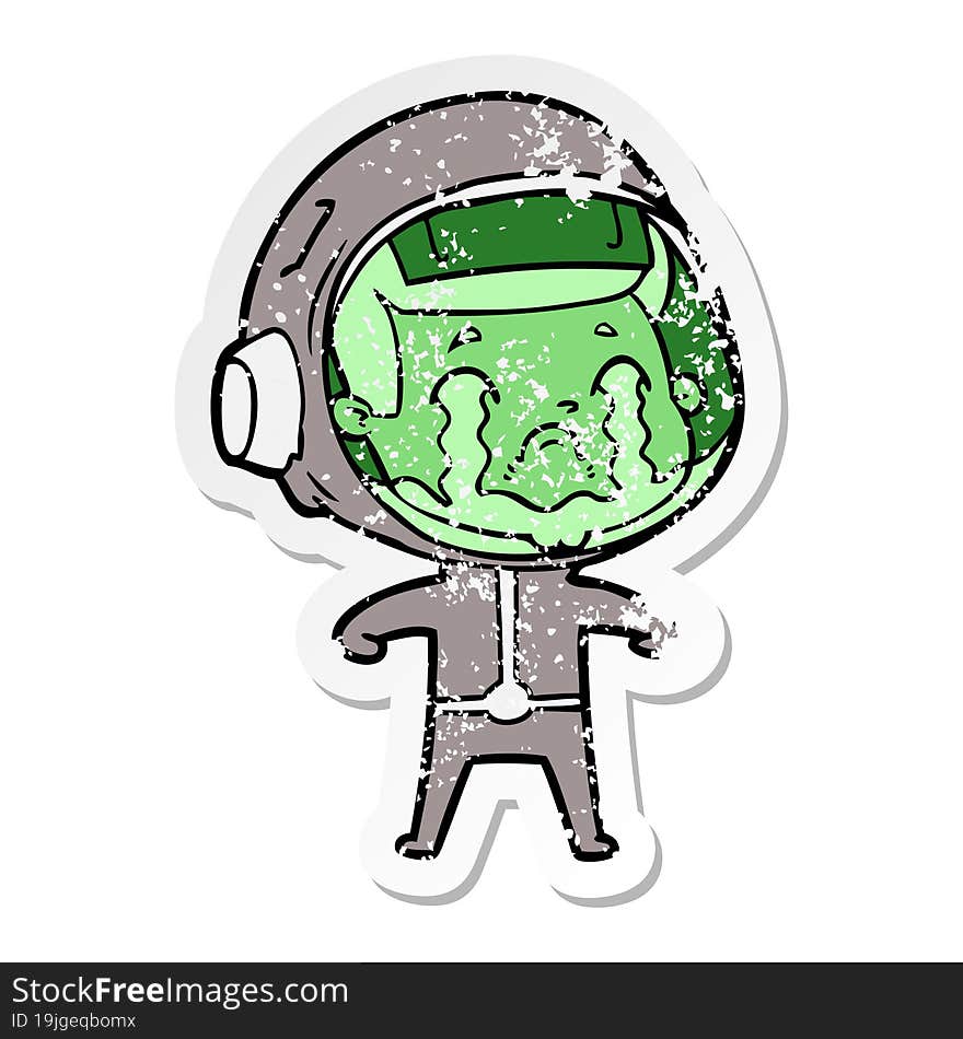 distressed sticker of a cartoon crying astronaut