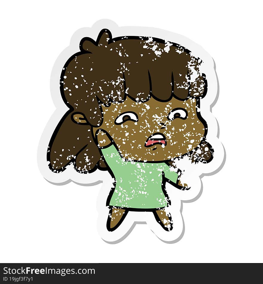 distressed sticker of a cartoon worried woman