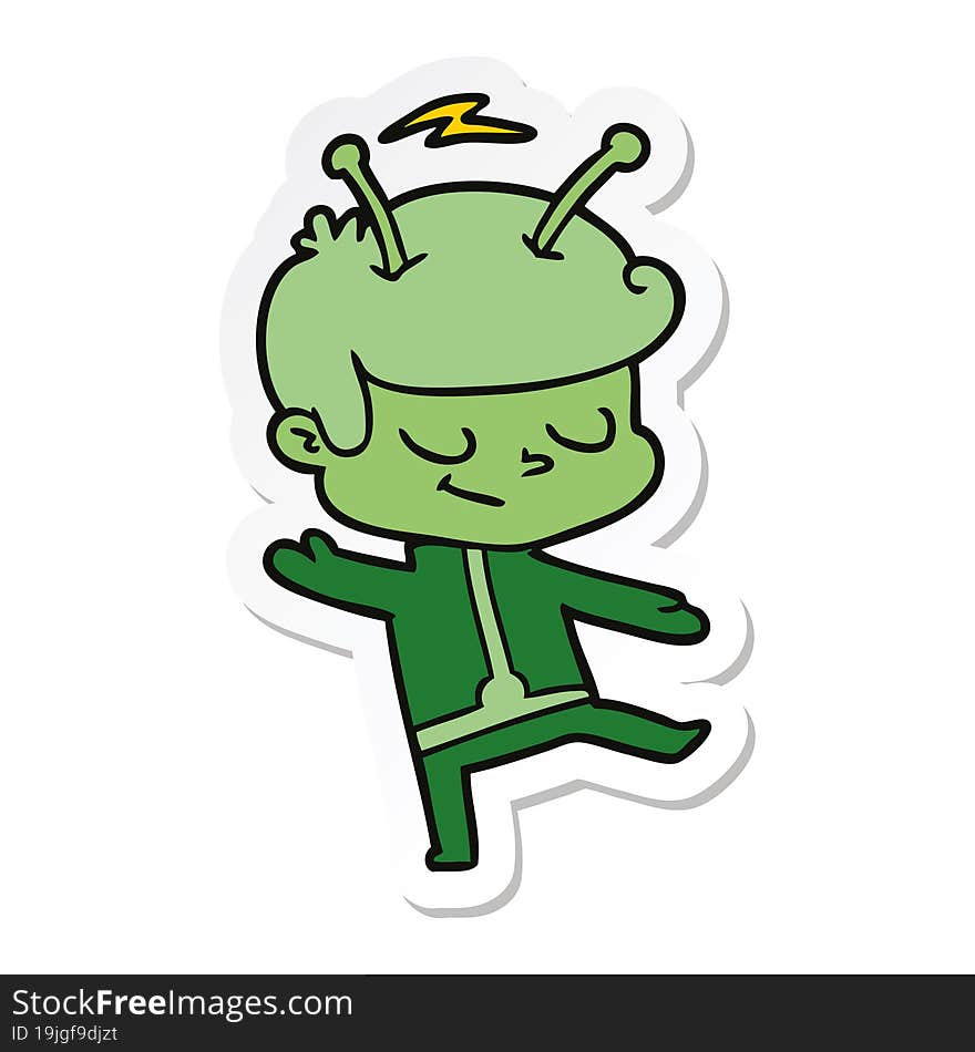 sticker of a friendly cartoon spaceman dancing