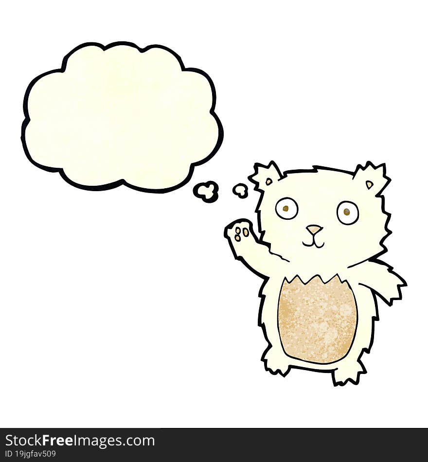 cartoon waving polar bear cub with thought bubble