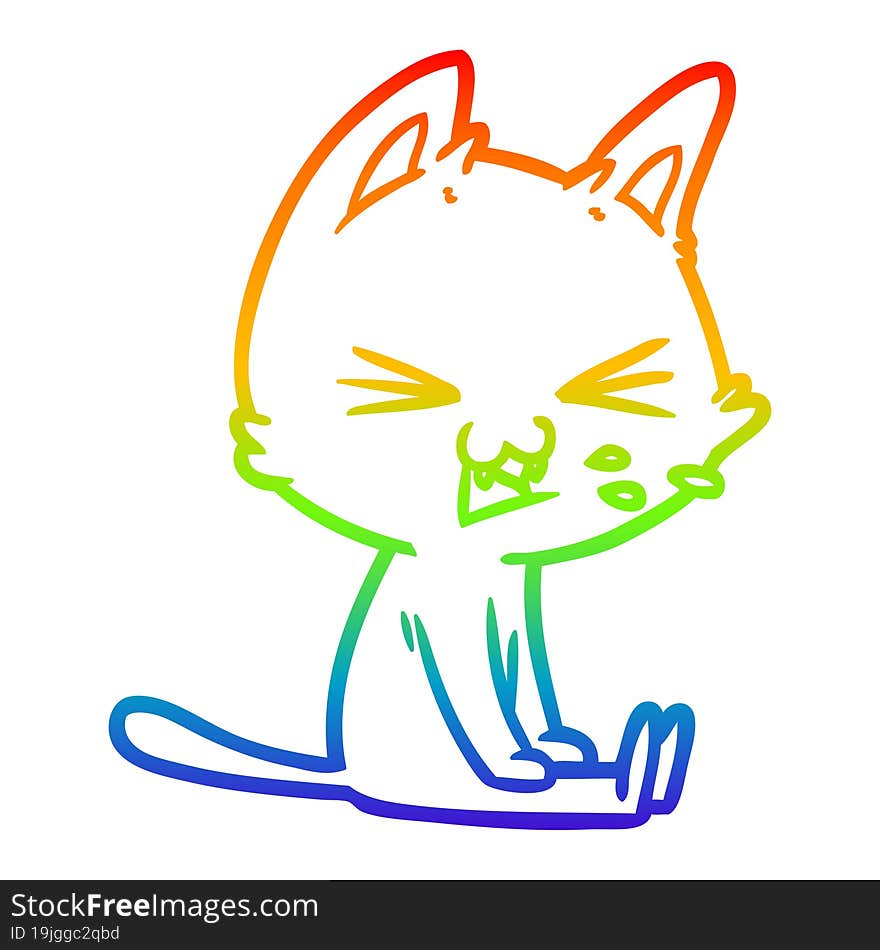 rainbow gradient line drawing cartoon sitting cat hissing