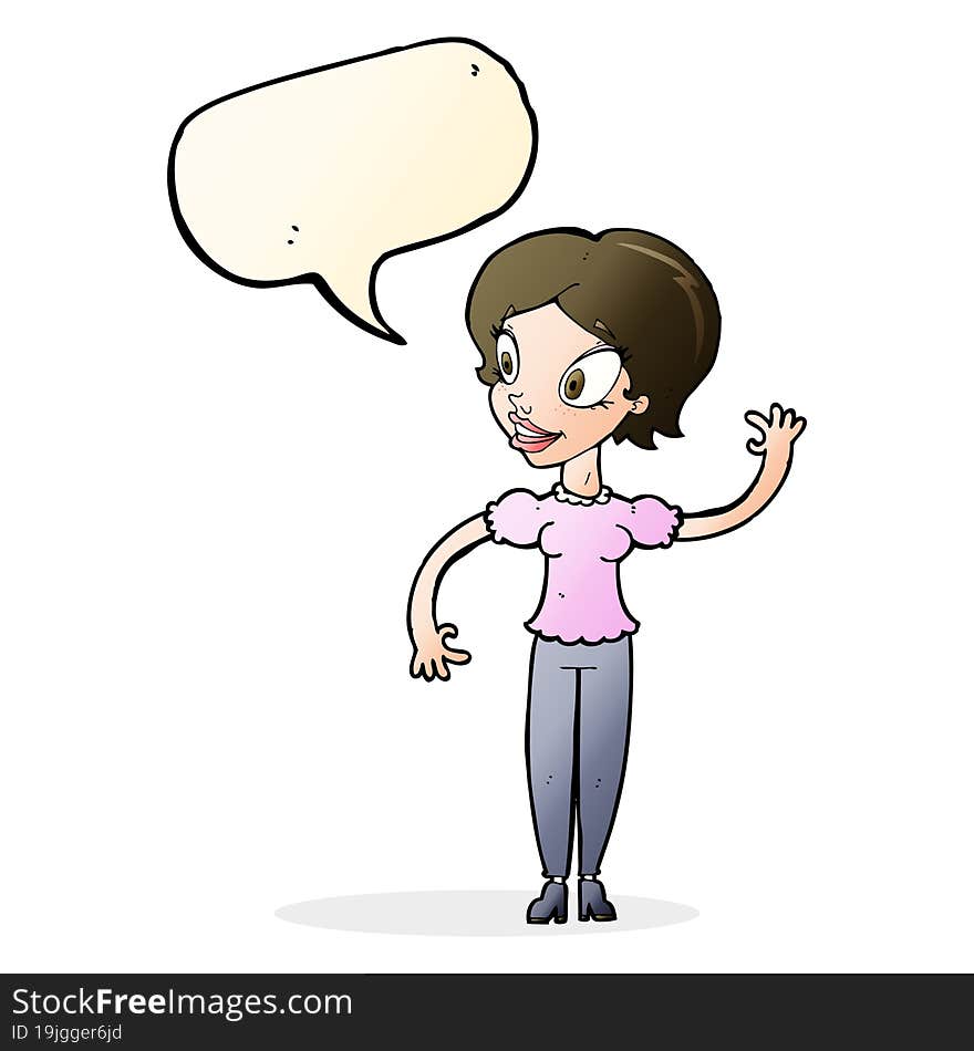 cartoon woman waving with speech bubble