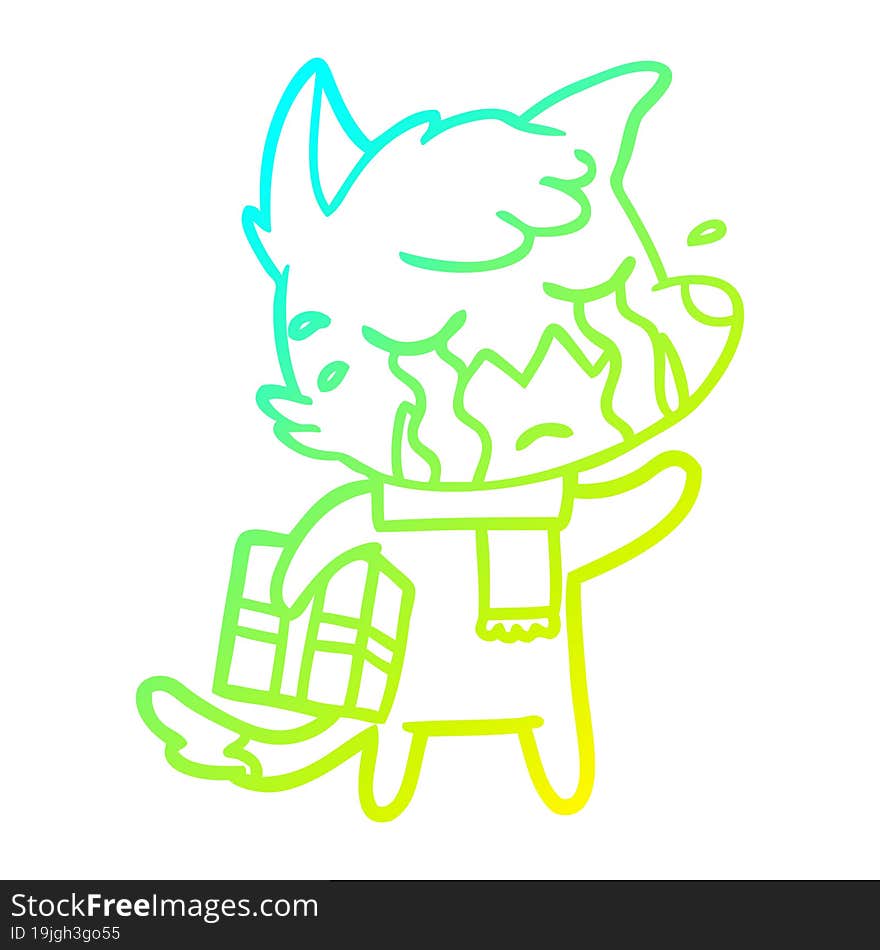 cold gradient line drawing of a crying christmas fox cartoon